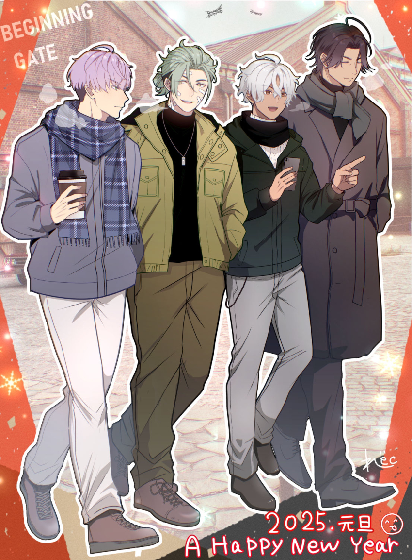 4boys, :d, ahoge, aran_sweater, artist_name, bandaid, bandaid_on_cheek, bandaid_on_face