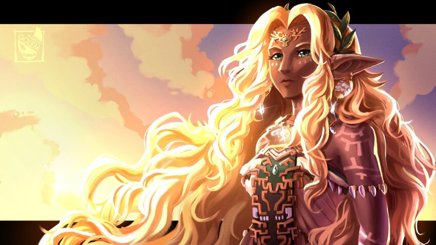 1girl, bare_shoulders, blonde_hair, circlet, dark-skinned_female, dark_skin, dress, earrings