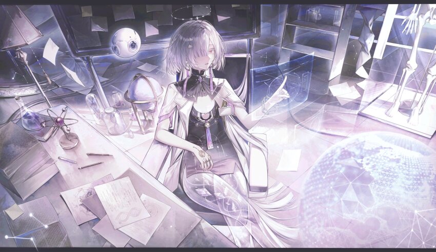 0ishur, 1girl, colored_eyelashes, commentary, dress, grey_hair, hair_ornament, hair_over_one_eye