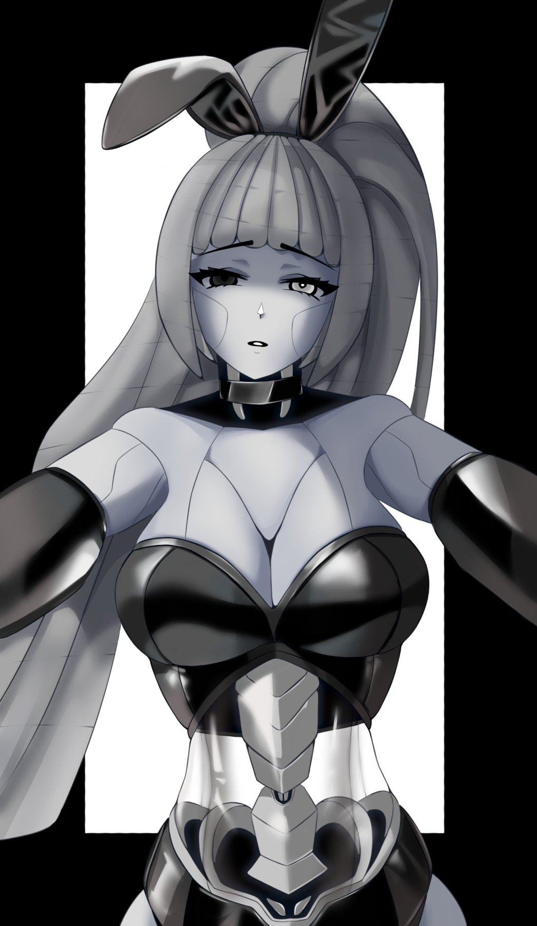 1girl, albina_(project_moon), android, animal_ears, asveig_cookie, bodysuit, breasts, choker