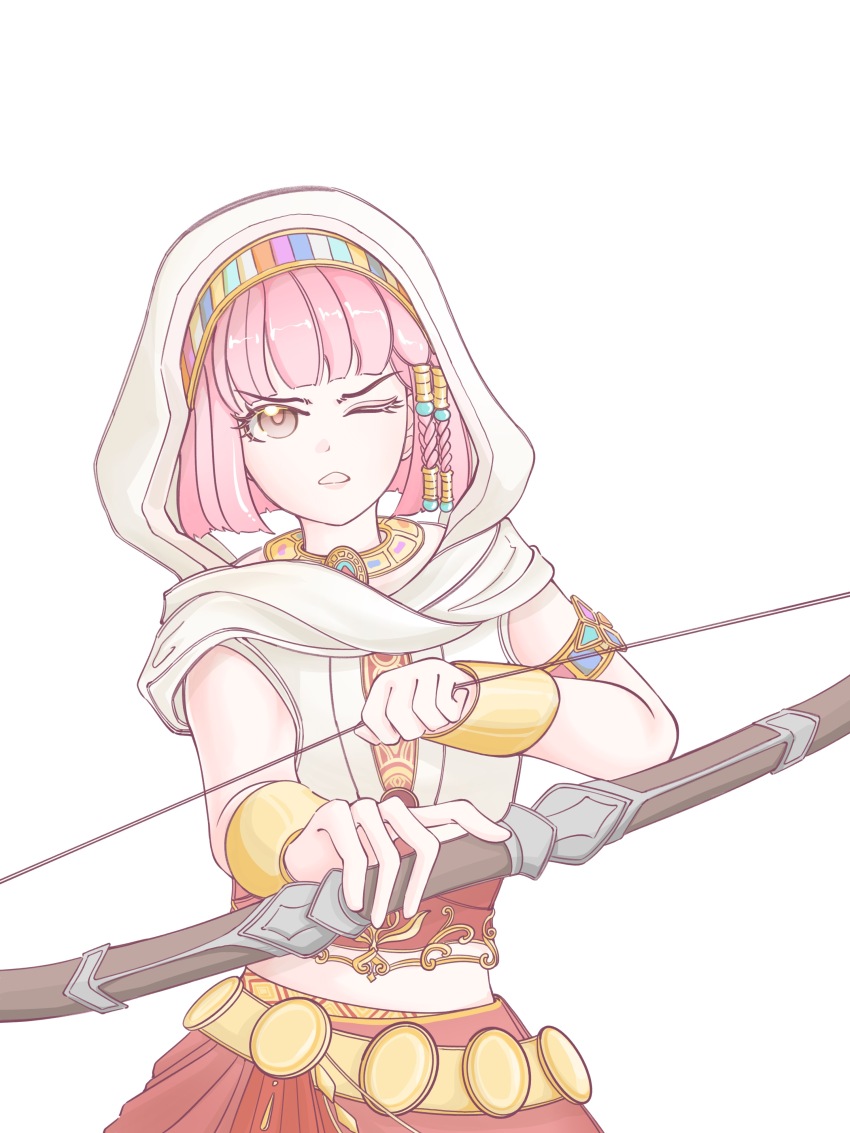 1girl, absurdres, armlet, bare_shoulders, beads, belt, blunt_bangs, blunt_ends, bow_(weapon), bracer, braid, brown_eyes, chinese_commentary, chunpiao, clenched_teeth, cloak, commentary_request, cowboy_shot, crop_top, determined, dot_nose, drawing_bow, eyelashes, furrowed_brow, gold_armlet, gold_necklace, hair_beads, hair_ornament, hair_tubes, hairband, highres, holding, holding_bow_(weapon), holding_weapon, hood, hood_up, hooded_cloak, infinity_nikki, jewelry, looking_ahead, midriff, multicolored_hairband, necklace, nikki_(nikki), nikki_(series), one_eye_closed, pink_hair, purifying_wind_(infinity_nikki), red_skirt, shirt, short_hair, side_braids, simple_background, skirt, sleeveless, sleeveless_shirt, solo, teeth, twin_braids, weapon, white_background, white_cloak, white_shirt, yellow_belt
