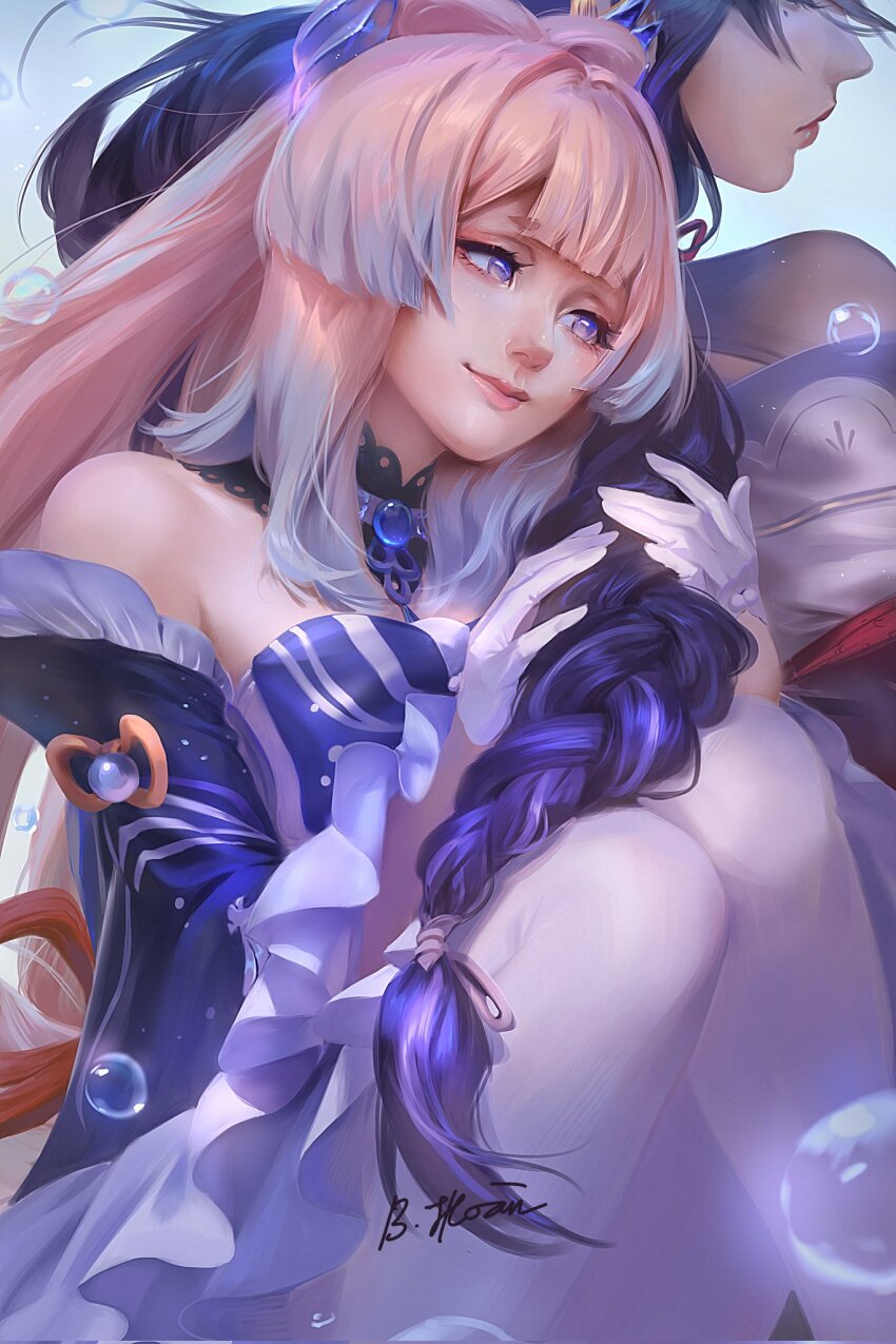 2girls, air_bubble, bich_hoan, blue_background, blunt_bangs, braid, bridal_gauntlets, bubble