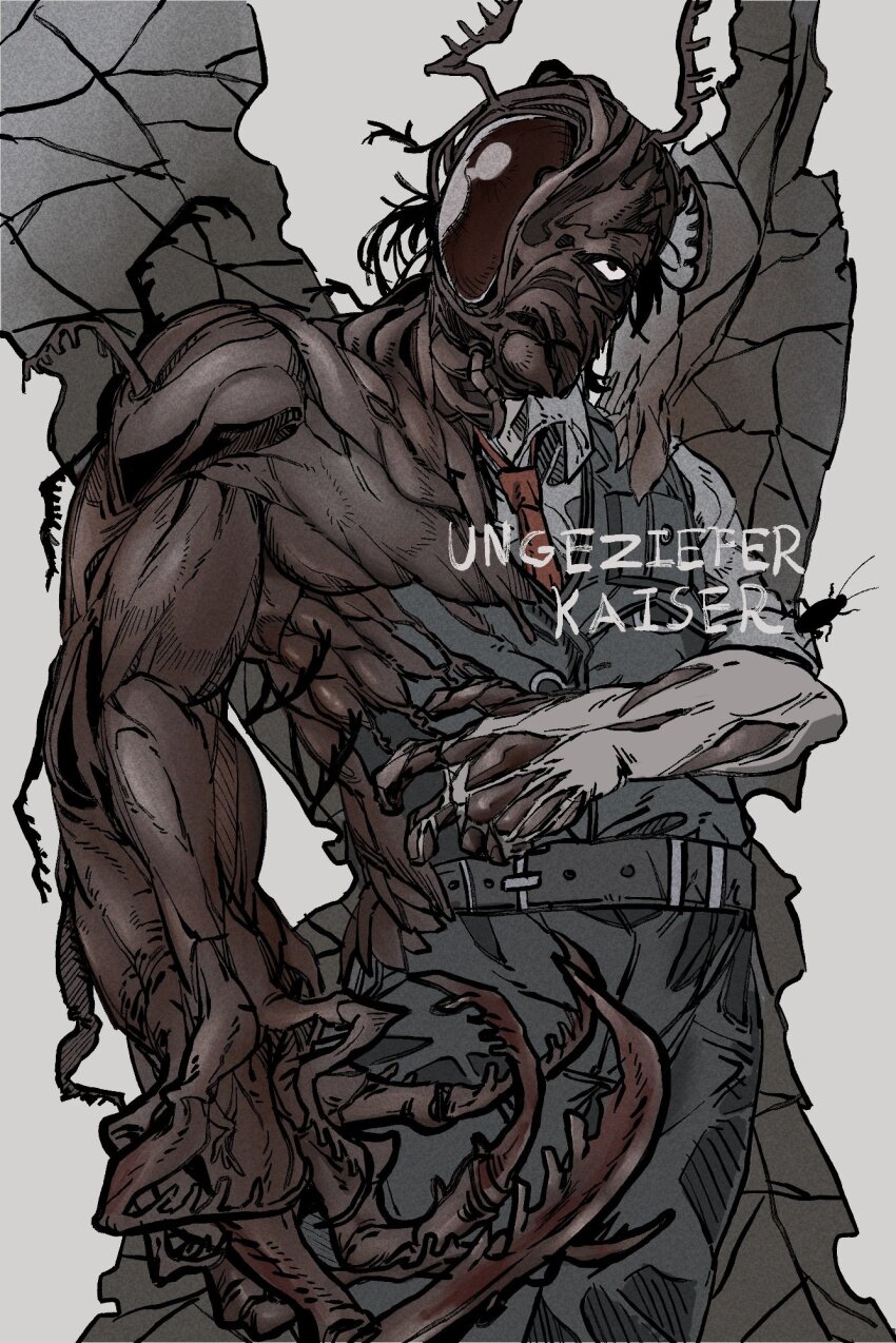 1boy, arthropod_limbs, belt, black_pants, black_vest, brown_eyes, bug, cockroach