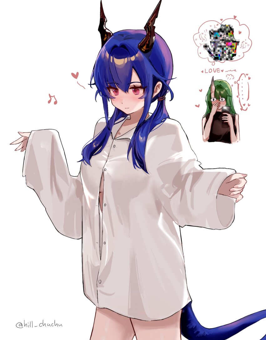 !?, ..., 2girls, absurdres, arknights, beamed_eighth_notes, black_shirt, blue_hair