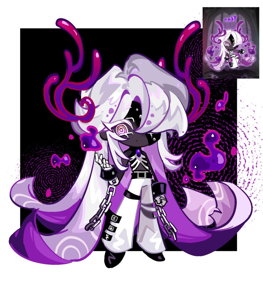 1other, @_@, ambiguous_gender, colored_eyelashes, commentary_request, cookie_run, cookie_run:_kingdom, cuffs, gradient_hair, highres, horns, long_hair, multicolored_hair, pants, shackles, skeleton_hands, solo, venom_dough_cookie, white_eyelashes, white_hair, white_pants, xing_y0u9