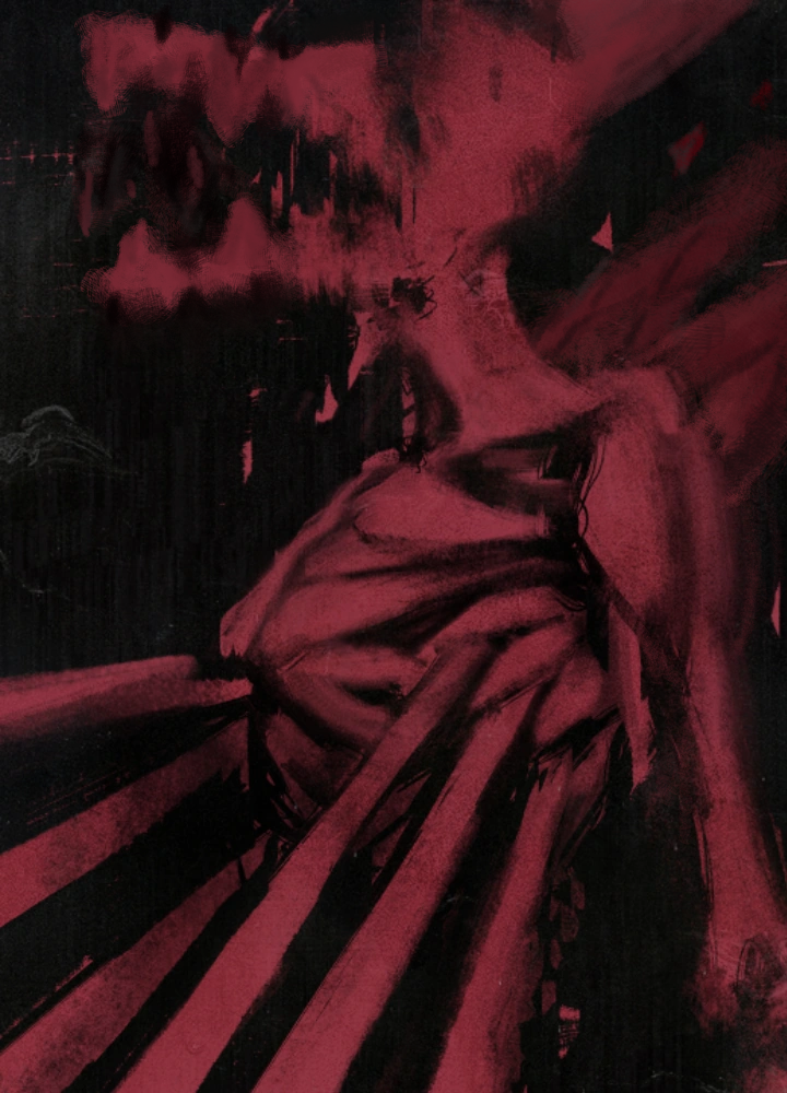 abstract, abstract_background, disco_elysium, fang, fang_(goodbye_volcano_high), goodbye_volcano_high, non-web_source, original, pain_threshold_(disco_elysium), portrait, sharp_teeth, solo, teeth