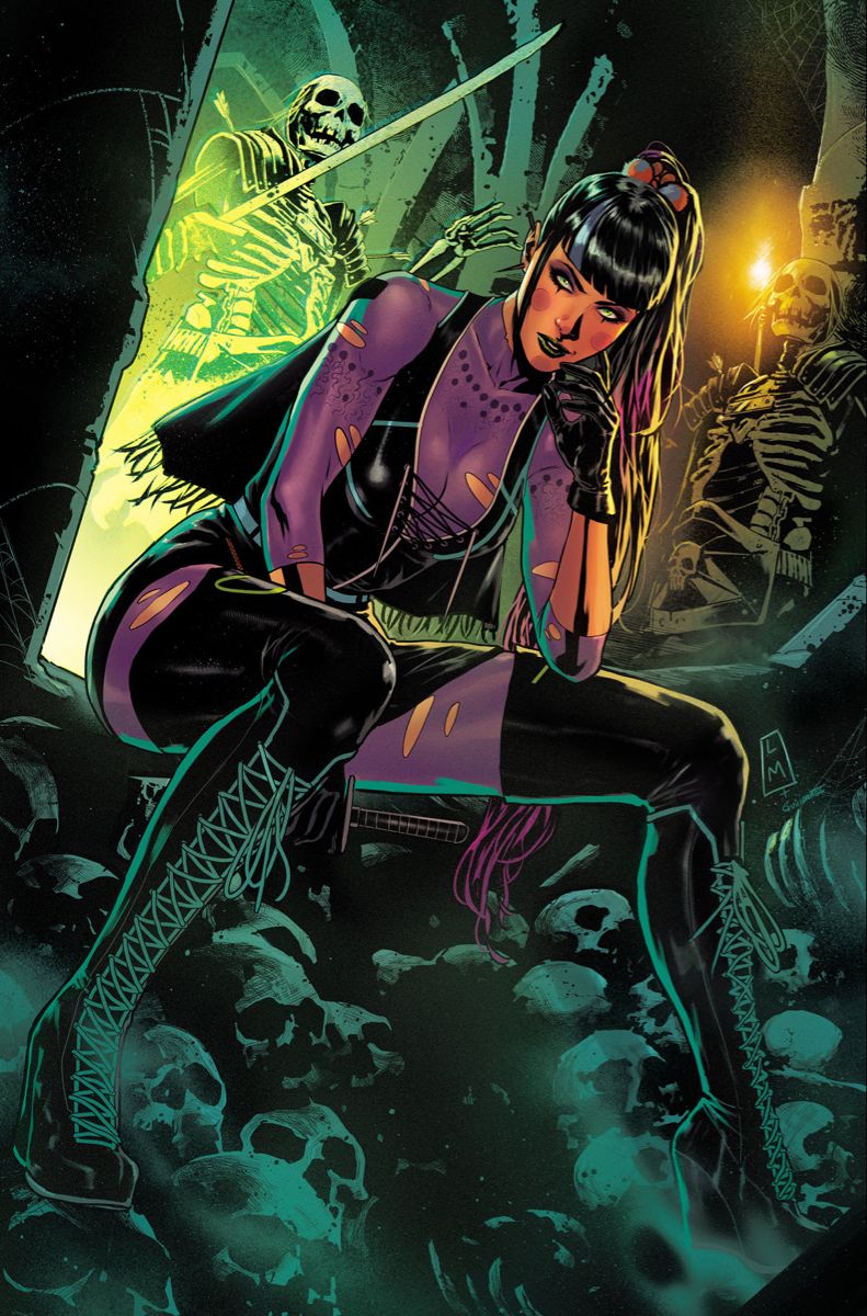 1girl, batman_(series), black_gloves, black_hair, blush_stickers, boots, capelet, commentary, dc_comics, english_commentary, gloves, green_eyes, hair_ornament, highres, laces, long_hair, lucas_meyer, multicolored_hair, punchline_(dc), purple_shirt, shirt, skeleton, skull, sword, torch, torn_clothes, two-tone_hair, underground, weapon