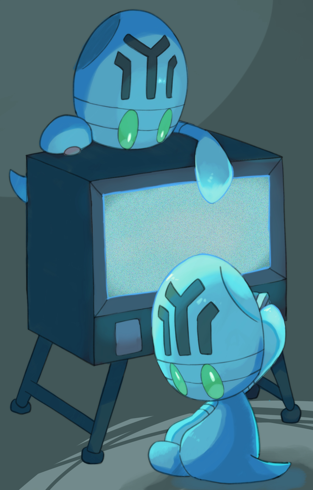 73sitimi, commentary_request, crt, elgyem, gen_5_pokemon, green_eyes, grey_background, highres