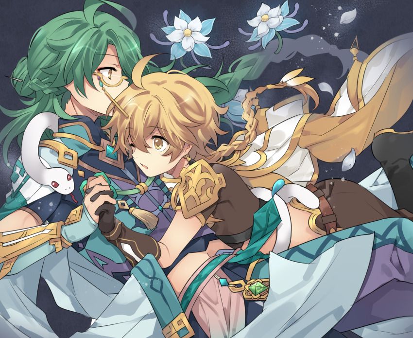 2boys, aether_(genshin_impact), ahoge, baizhu_(genshin_impact), blonde_hair, braid, changsheng_(genshin_impact), commentary_request, crop_top, flower, genshin_impact, glasses, gloves, green_hair, highres, holding_hands, looking_to_the_side, male_focus, mamibakuhatu, multiple_boys, on_person, one_eye_closed, open_mouth, short_sleeves, snake, yaoi, yellow_eyes