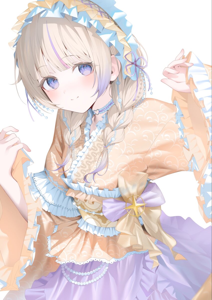 1girl, blonde_hair, braid, choker, frilled_sleeves, frills, hair_ornament, hairband