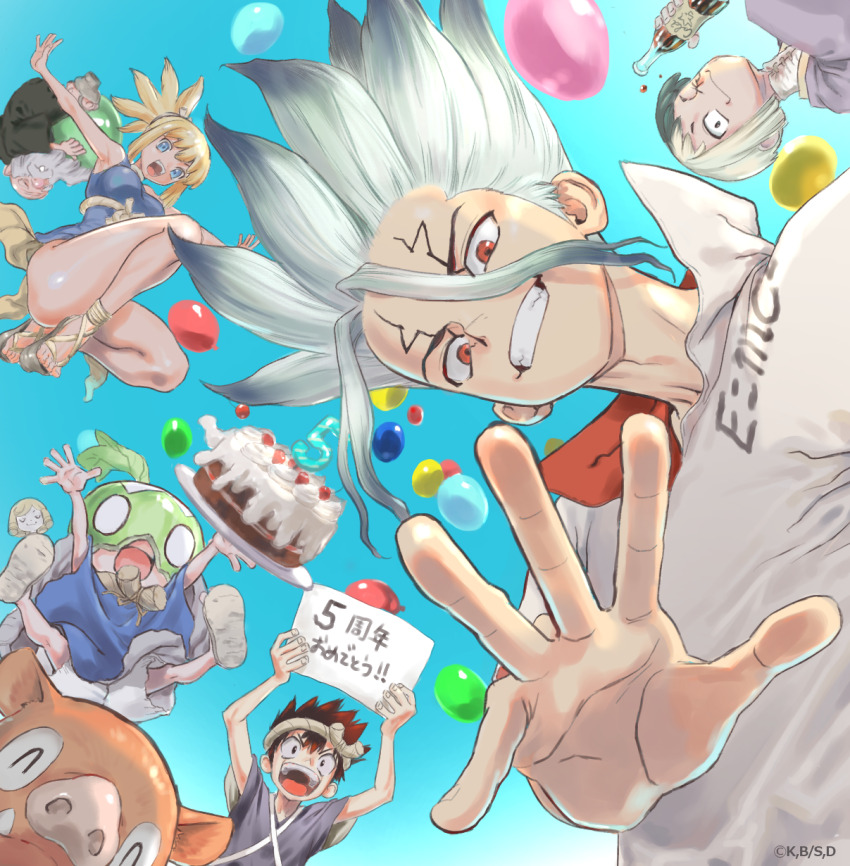 1other, 2girls, 4boys, anniversary, asagiri_gen, asymmetrical_hair, balloon, birthday_cake