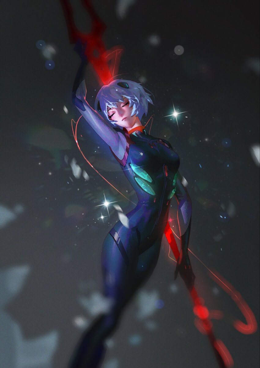 1girl, arm_above_head, ayanami_rei, black_bodysuit, blue_hair, blurry, bodysuit, bokeh