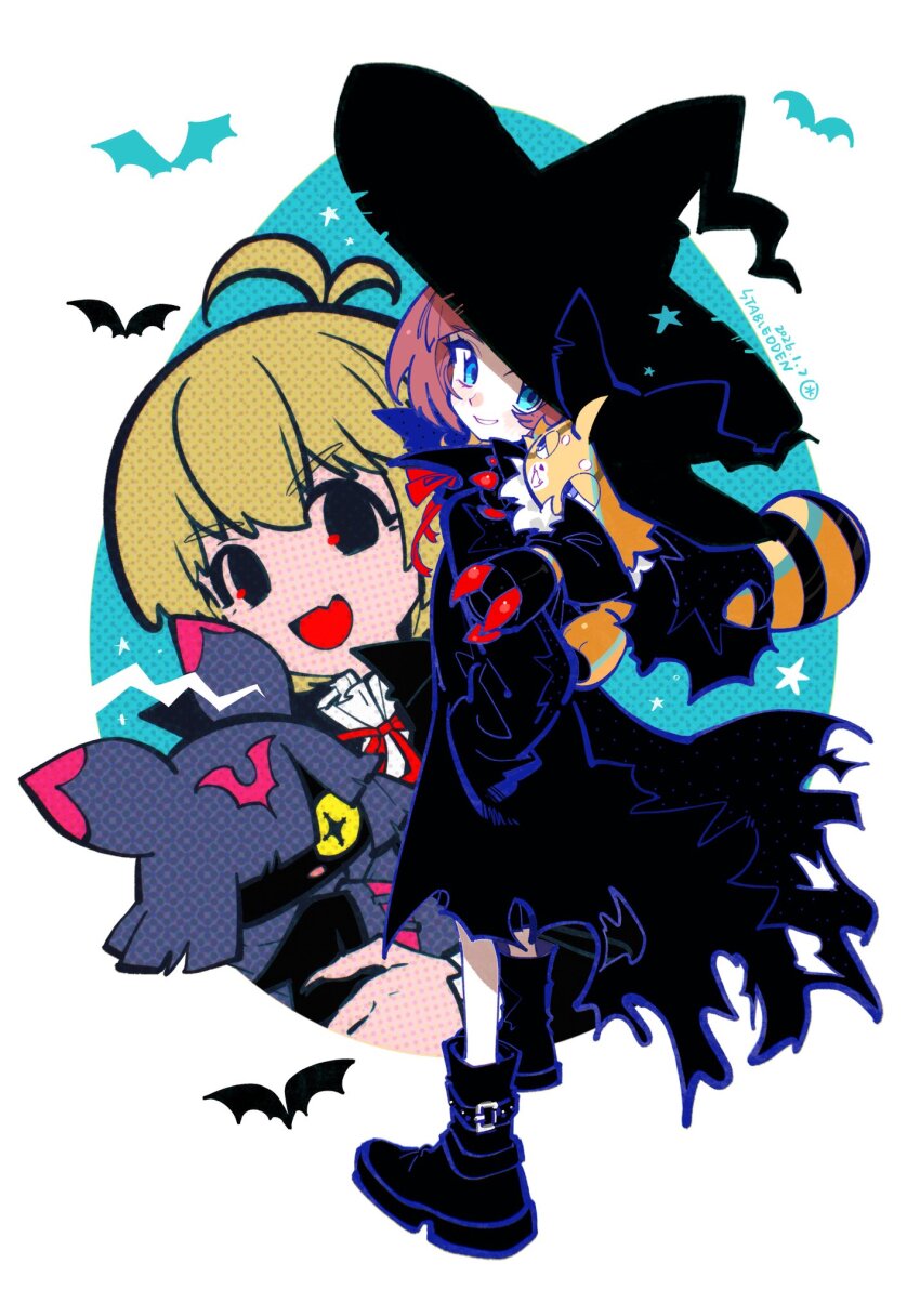 chiropmon, digimon, digimon_(creature), digimon_beatbreak, flu_cocos, halloween, halloween_costume, hat, jacket, kuonji_makoto, looking_at_viewer, pristimon, sakuya_reina, short_hair, smile, star_(symbol), witch_hat
