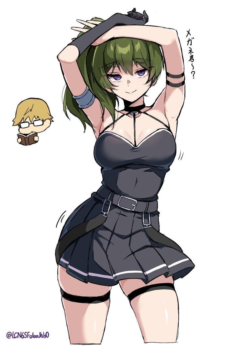 1girl, armband, armpits, arms_up, bare_shoulders, black_choker, black_dress, black_gloves