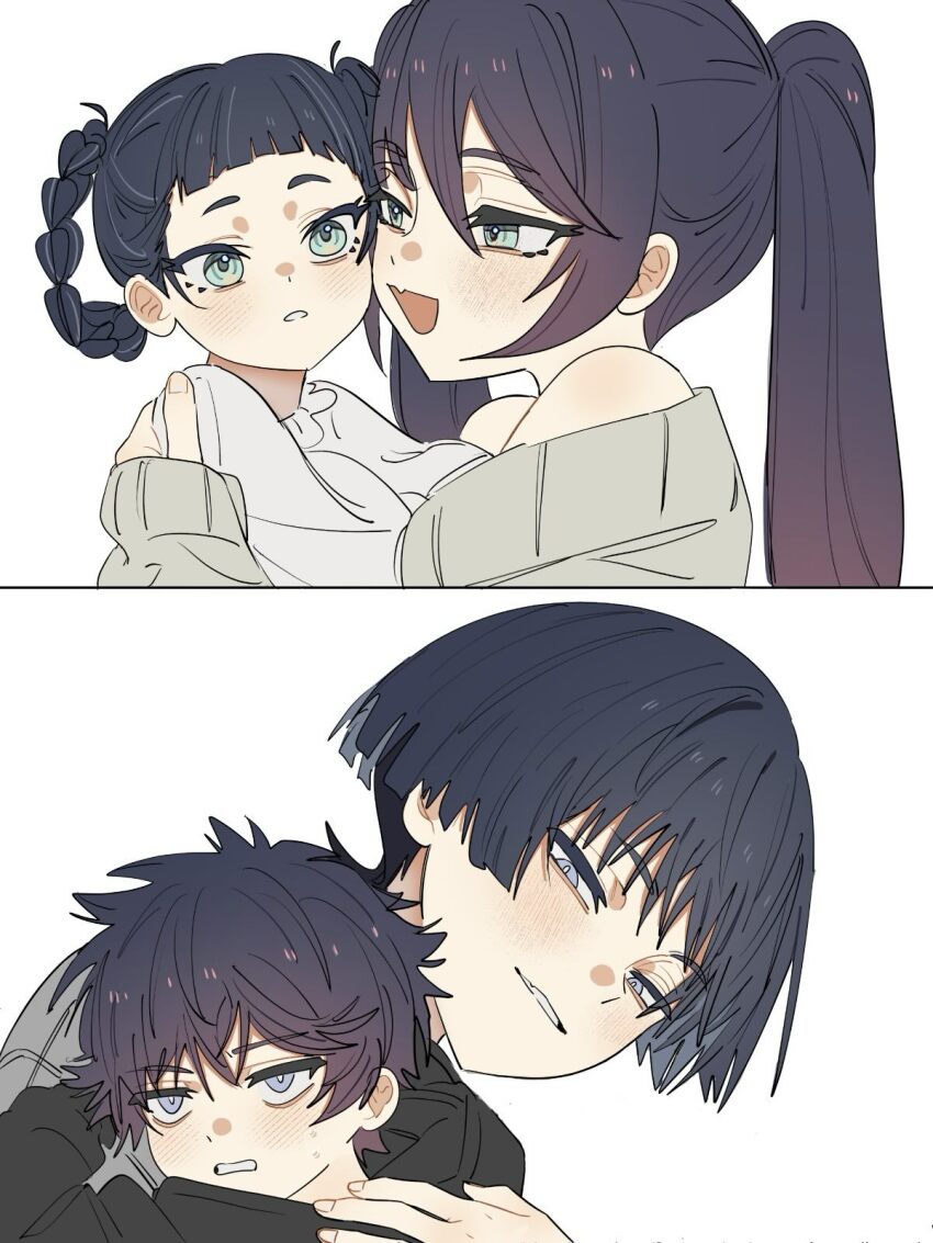 2boys, 2girls, alternate_costume, alternate_universe, aqua_eyes, asymmetrical_bangs, bare_shoulders, black_hair