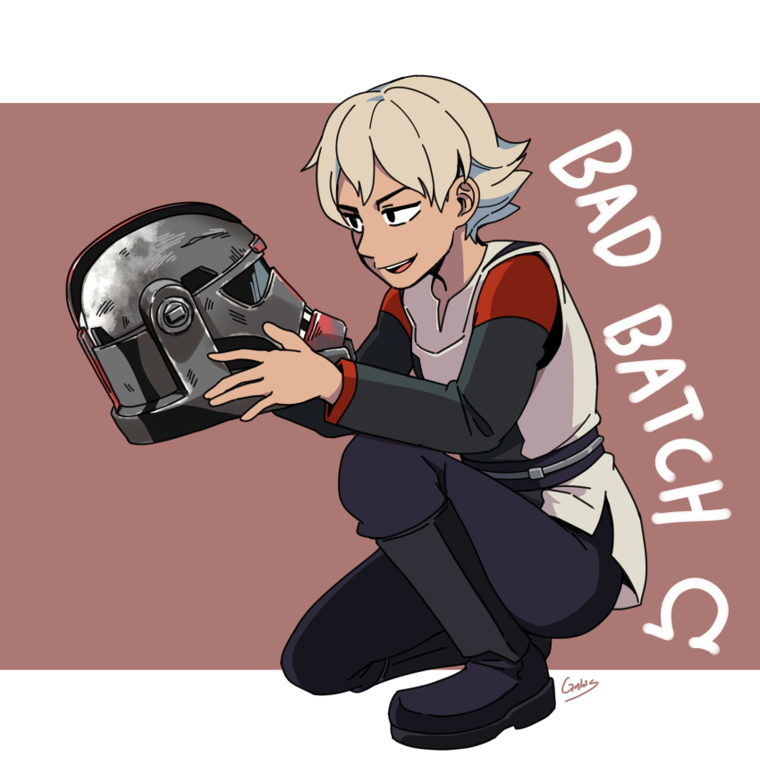 1girl, black_boots, black_eyes, black_pants, blonde_hair, boots, commentary, full_body