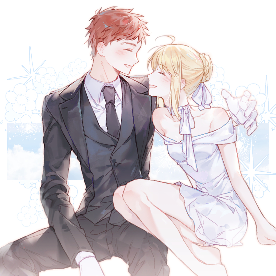 1boy, 1girl, artoria_pendragon_(fate), baboteolsegongsa, black_necktie, black_vest, blonde_hair, blush