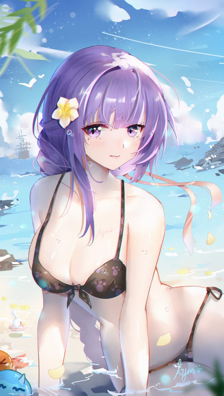 1girl, absurdres, alternate_costume, artist_name, ayan_(1593817922), bare_shoulders, beach, bikini