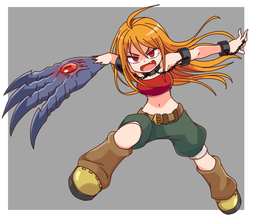 1girl, ahoge, baggy_shorts, bandeau, belt, black_collar, boots, breasts