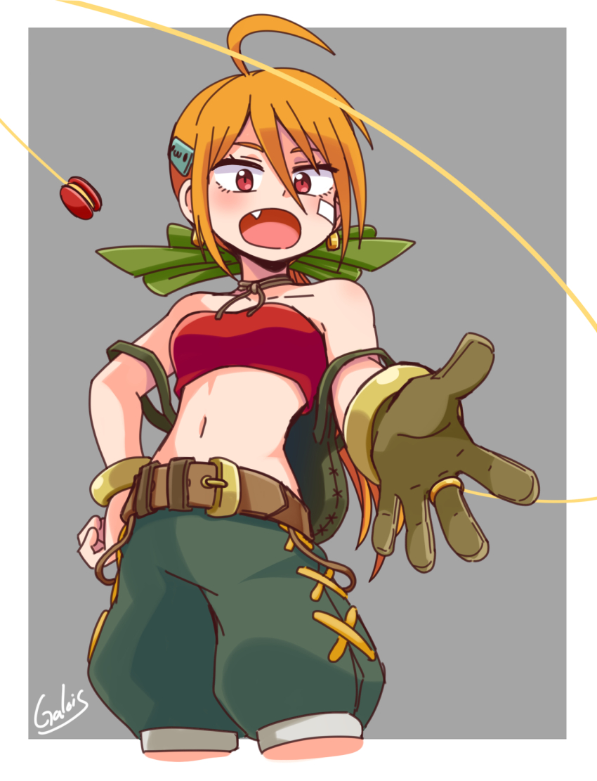 1girl, ahoge, backpack, bag, baggy_shorts, bandaid, bandaid_on_cheek, bandaid_on_face, bandeau, belt, bracelet, breasts, brown_belt, commentary_request, cowboy_shot, earrings, fang, fantasy_suhakdaejeon, galois, gloves, green_gloves, green_shorts, hand_on_own_hip, highres, jewelry, kei_(fantasy_suhakdaejeon), korean_commentary, medium_breasts, orange_hair, ponytail, red_bandeau, red_eyes, shorts, single_glove, solo, yo-yo