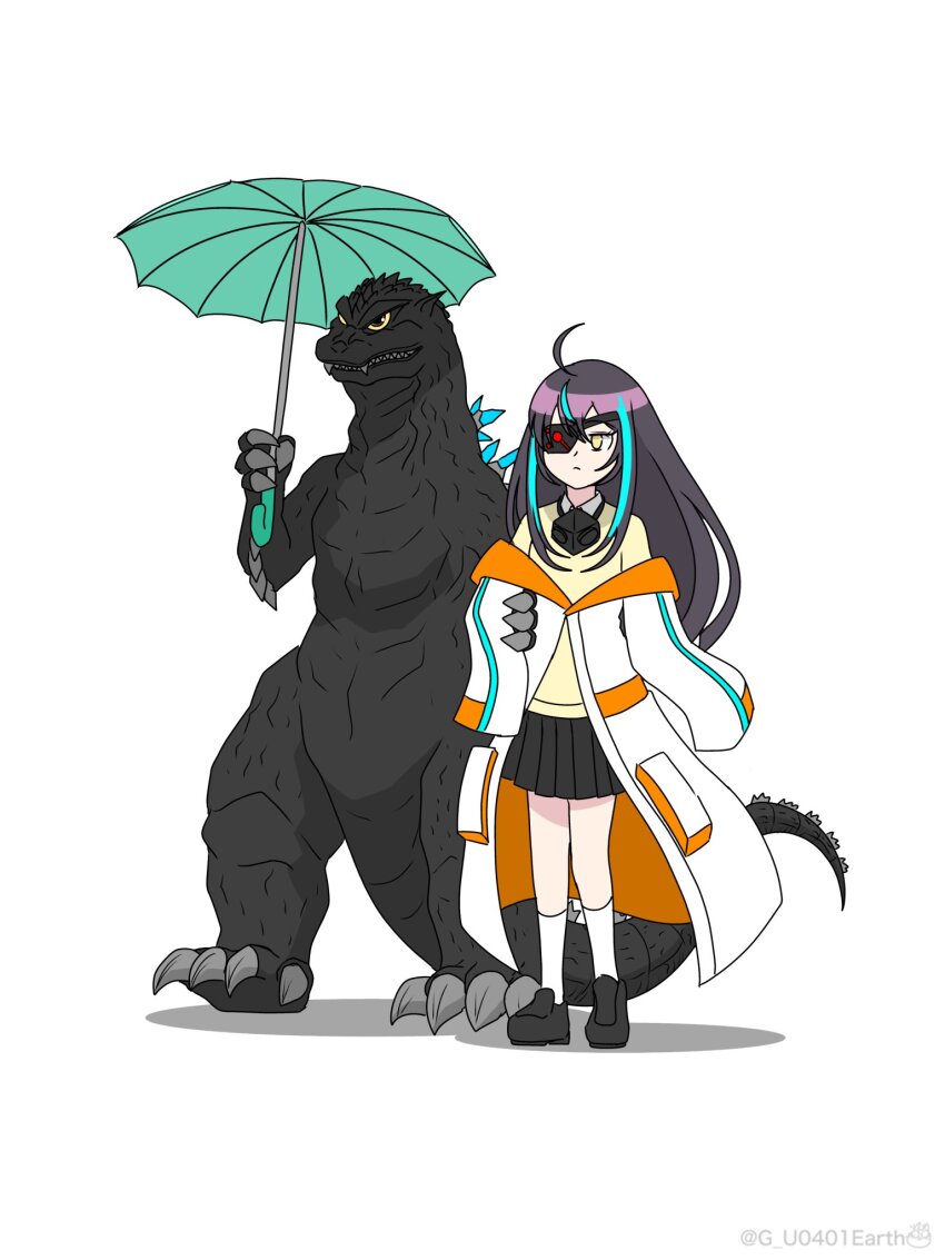 1girl, ahoge, black_hair, blue_hair, commentary_request, elbow_spikes, g_u0401earth, godzilla