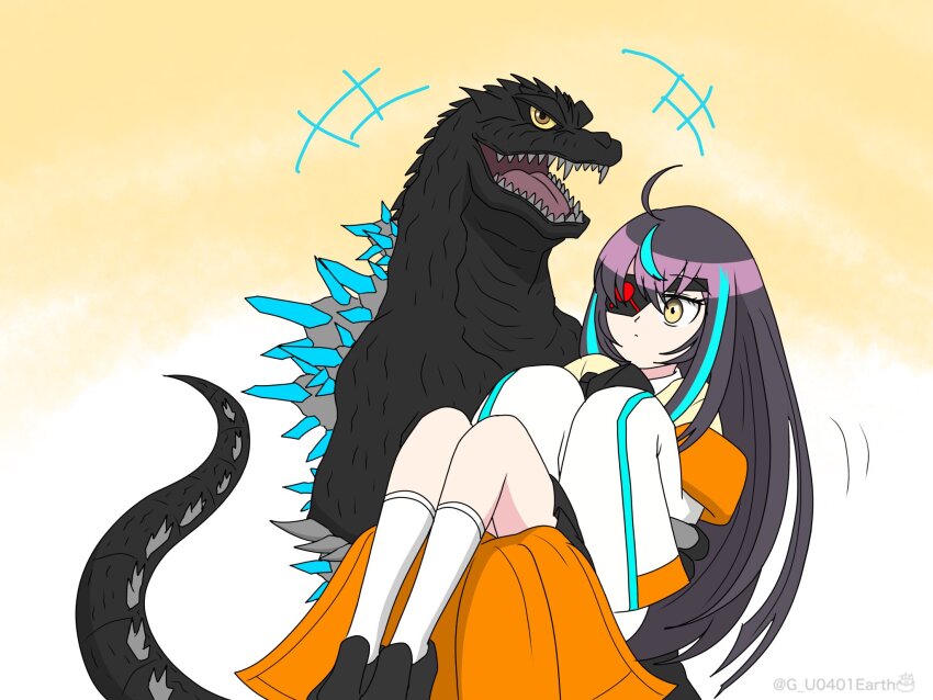 1girl, ahoge, black_hair, blue_hair, carrying, carrying_person, commentary_request, elbow_spikes