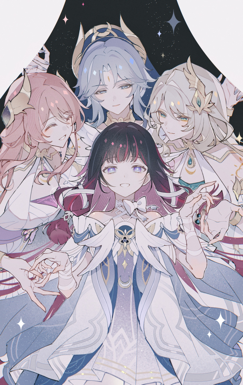 4girls, absurdres, aria_(genshin_impact), arm_ribbon, bare_shoulders, black_hair, blonde_hair, blue_eyes, blue_hair, blunt_bangs, bow, bracelet, canon_(genshin_impact), chinese_commentary, closed_mouth, columbina_(genshin_impact), commentary_request, dress, facial_mark, forehead_mark, genshin_impact, gold_bracelet, green_eyes, hair_between_eyes, hair_intakes, hair_ribbon, head_wings, headpiece, highres, jewelry, long_hair, looking_at_another, looking_at_viewer, multicolored_hair, multiple_girls, open_mouth, pink_hair, purple_eyes, red_hair, ribbon, short_hair_with_long_locks, sidelocks, smile, sonnet_(genshin_impact), spoilers, star_(symbol), two-tone_hair, unusually_open_eyes, white_bow, white_dress, white_ribbon, white_wings, wings, yue_(shemika98425261)