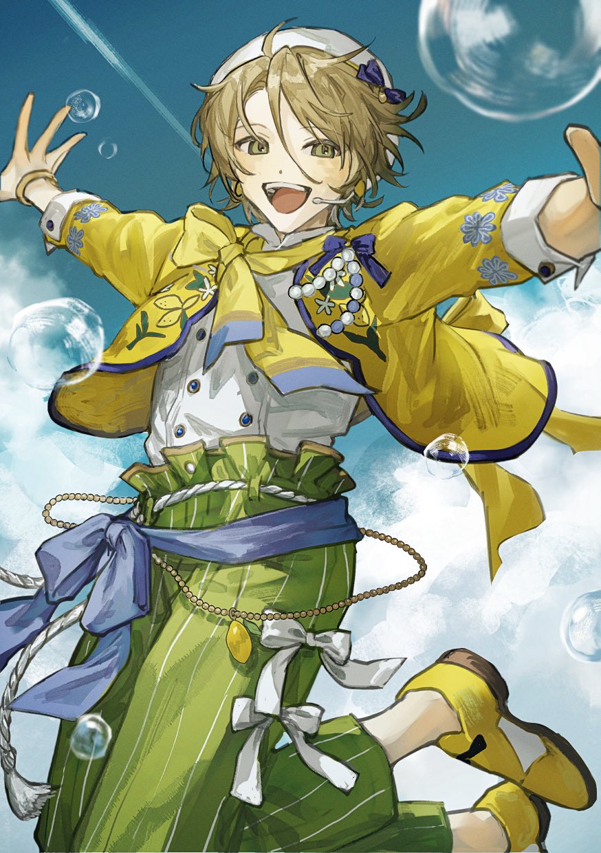 1boy, beret, blonde_hair, blue_bow, blue_sash, blue_sky, bow, bracelet