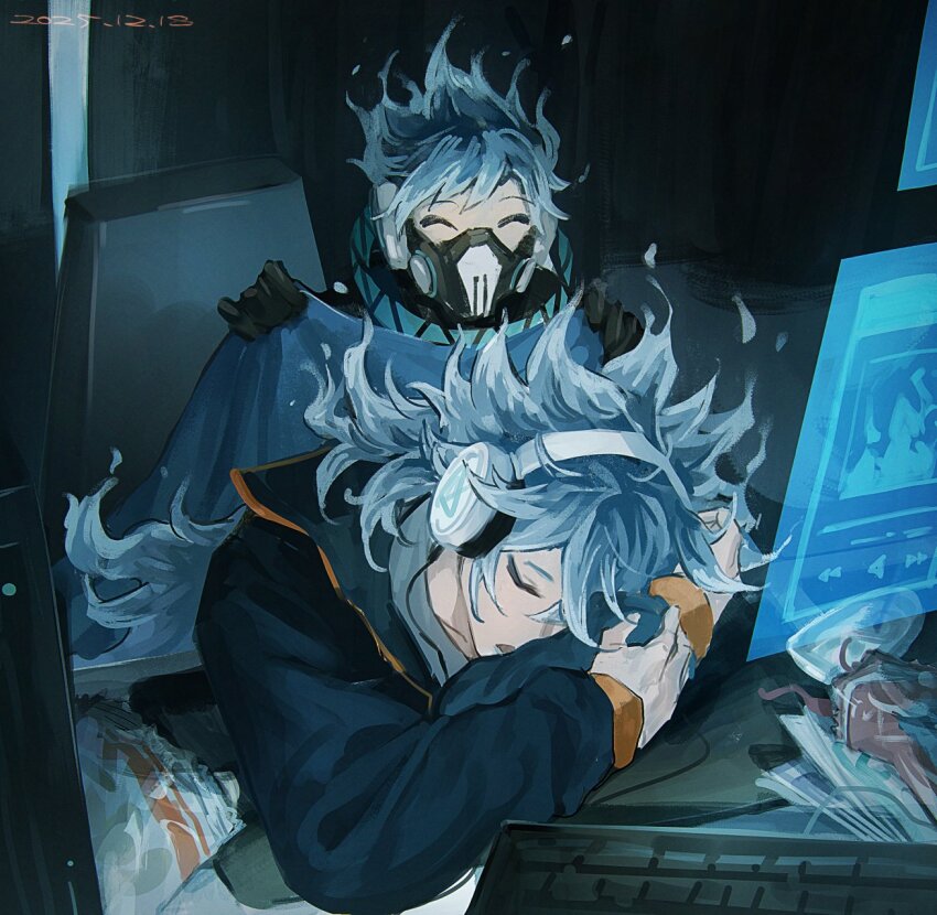 2boys, black_shirt, blanket, blue_hair, brothers, chair, commentary, computer_keyboard, covering_with_blanket, english_commentary, fiery_hair, hair_between_eyes, head_down, headphones, highres, holding, holding_blanket, holographic_interface, idia_shroud, kaimen_mo, long_sleeves, male_focus, mask, multiple_boys, ortho_shroud, shirt, short_hair, siblings, sitting, sleeping, twisted_wonderland