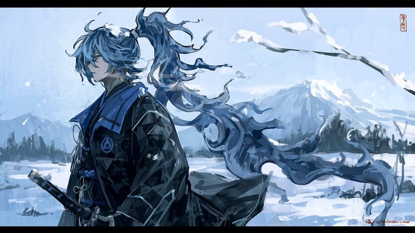 1boy, bare_tree, black_border, black_gloves, black_jacket, blue_hair, blue_lips, border, fiery_hair, fingerless_gloves, from_side, gloves, hair_between_eyes, idia_shroud, idia_shroud_(new_year's_attire), jacket, kaimen_mo, katana, long_hair, long_sleeves, looking_ahead, male_focus, mountain, open_clothes, open_jacket, outdoors, ponytail, sky, snow, sword, tree, twisted_wonderland, upper_body, very_long_hair, weapon