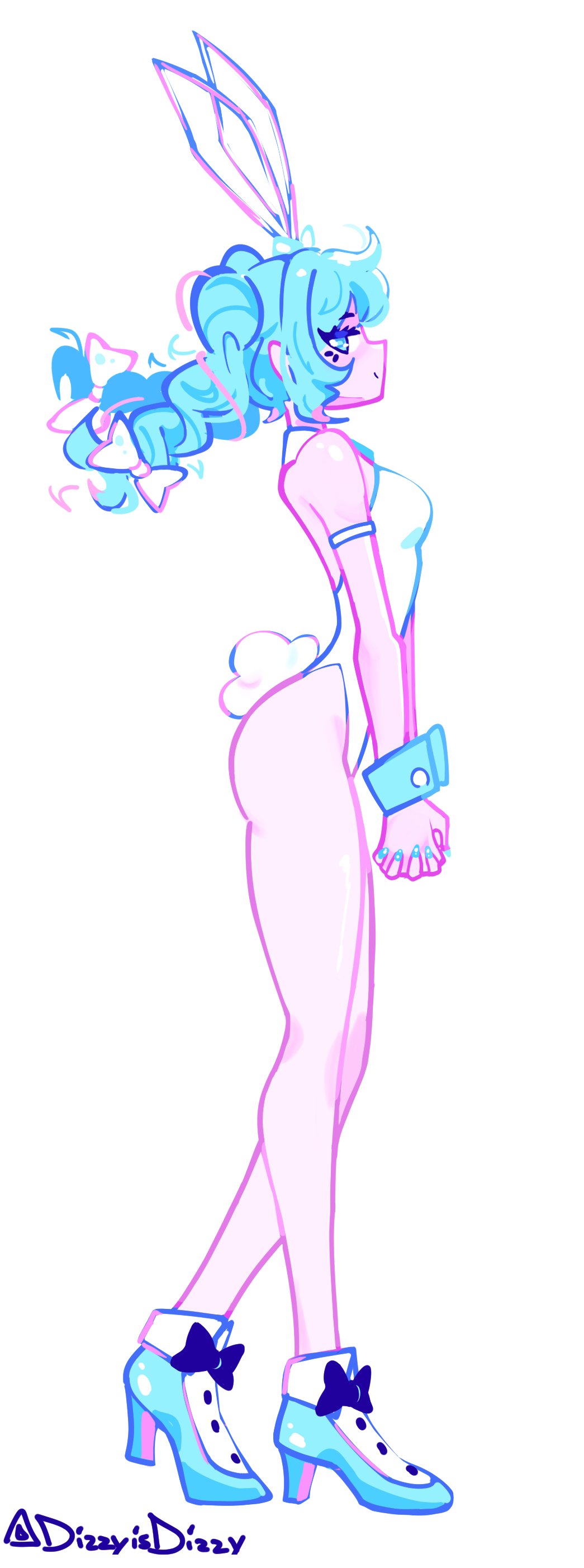 1girl, blue_hair, bow, bowtie, dizzyisdizzy, from_side, full_body, hatsune_miku, high_heels, leotard, playboy_bunny, solo, standing, vocaloid, white_background, white_leotard, wrist_cuffs