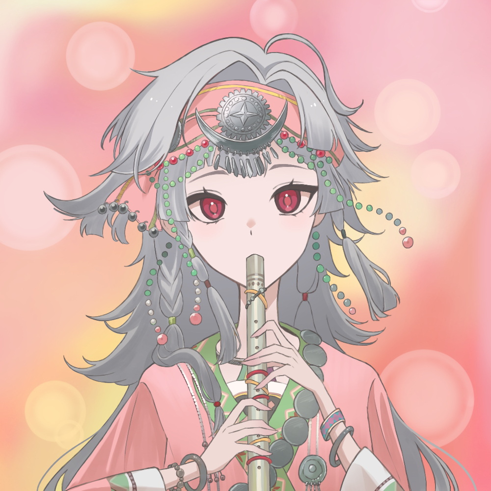 1girl, blurry, bokeh, bracelet, commentary_request, depth_of_field, flute, grey_hair, hair_ornament, hairband, hands_up, holding, holding_flute, holding_instrument, instrument, jewelry, long_hair, looking_at_viewer, masei_shibou, music, official_alternate_costume, pink_background, pink_hairband, pink_shirt, playing_instrument, red_eyes, reverse:1999, rubuska, shirt, solo, upper_body