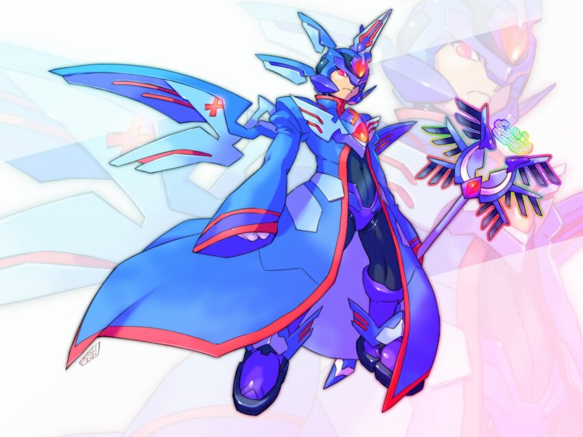 1boy, 2020, alternate_costume, android, armor, artist_name, blue_armor, blue_boots