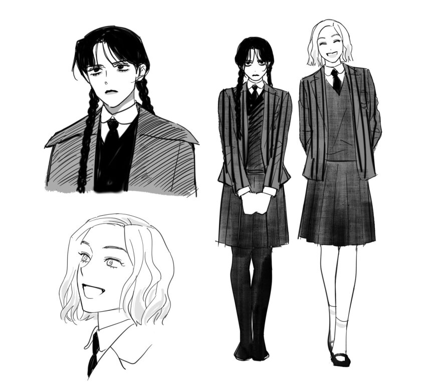 2girls, arms_behind_back, black_hair, black_necktie, black_pantyhose, black_shoes, black_skirt, blonde_hair, braid, closed_eyes, collared_shirt, commentary_request, dailysarndean, enid_sinclair, frown, full_body, greyscale, highres, jacket, korean_commentary, long_hair, mary_janes, monochrome, multiple_girls, necktie, open_mouth, own_hands_together, pantyhose, pleated_skirt, school_uniform, shirt, shoes, short_hair, skirt, smile, socks, striped_clothes, striped_jacket, suit_jacket, sweater, swept_bangs, the_addams_family, twin_braids, upper_body, wednesday_(netflix), wednesday_addams, white_background, white_shirt, white_socks