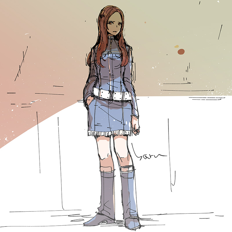 1girl, belt, blue_dress, brown_eyes, brown_hair, commentary_request, denim, denim_boots