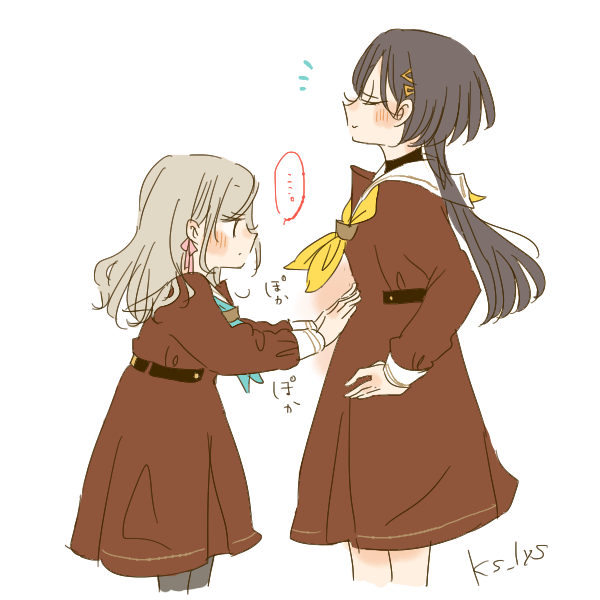 ..., 2girls, black_hair, black_pantyhose, brown_dress, ceras_yanagida_lilienfeld, closed_mouth, colored_speech_bubble