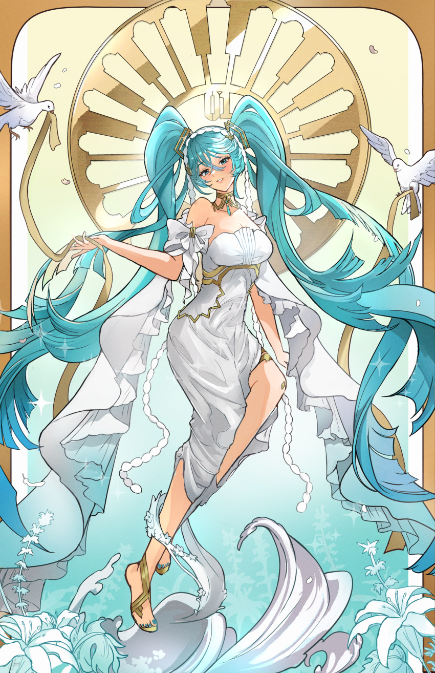 1girl, absurdres, aqua_eyes, aqua_hair, bird, breasts, cleavage, collarbone