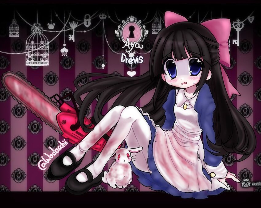 1girl, 2000s_(style), aguchi, animal, apron, aya_drevis, birdcage, black_hair