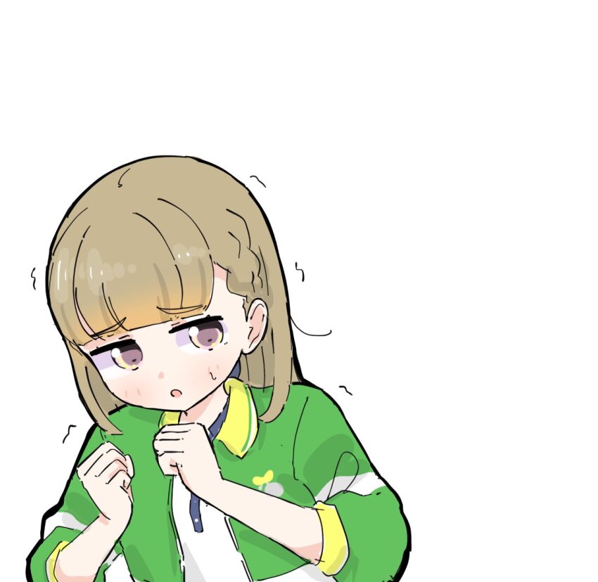 1girl, braid, brown_hair, center-flap_bangs, clenched_hands, collared_shirt, commentary_request, green_jacket