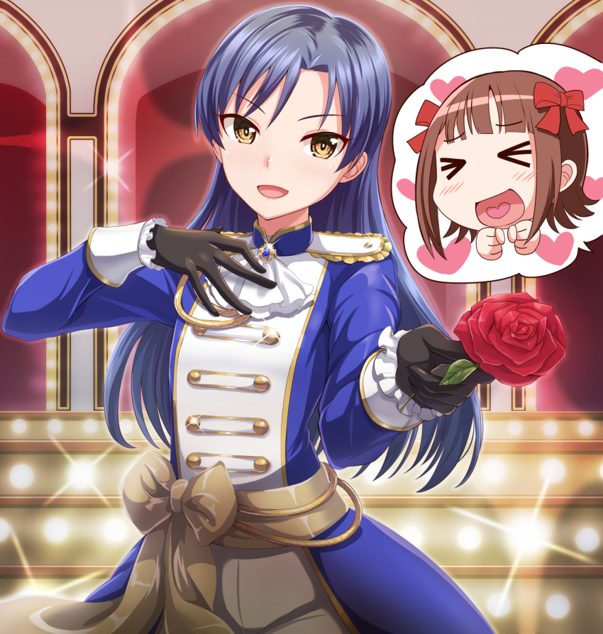 >_<, 2girls, amami_haruka, ascot, black_gloves, blue_hair, blue_jacket, bow