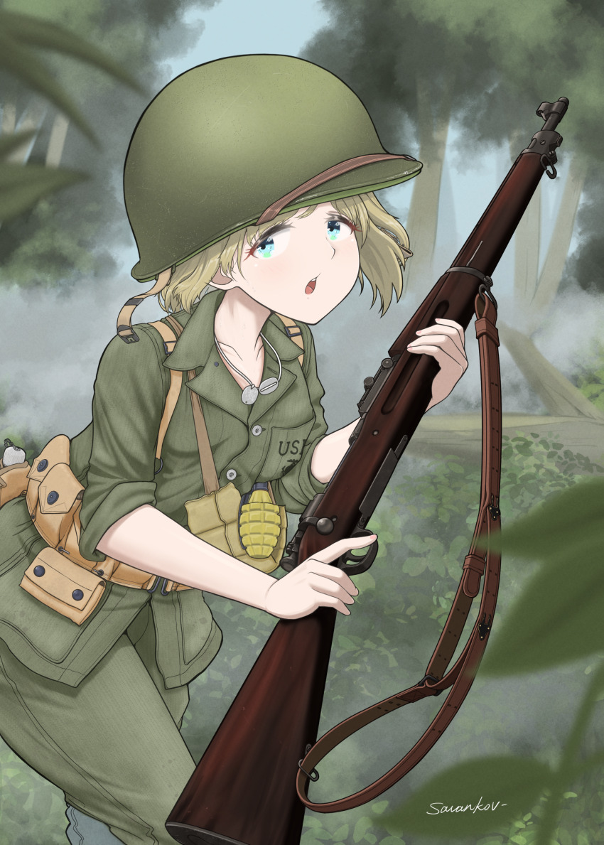 1girl, absurdres, ammunition_pouch, artist_name, bandolier, belt, blonde_hair, blue_eyes