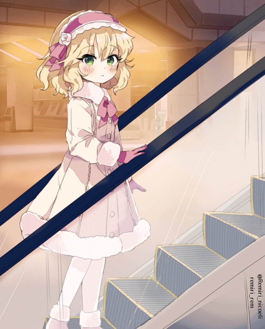 1girl, ankle_boots, blonde_hair, blurry, blurry_background, blush, boots, bow