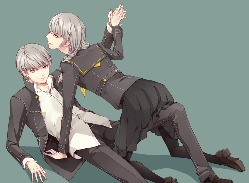 atlus, braid, crossdressing, dual_persona, grey_eyes, grey_hair, long_hair, lying, male_focus, narukami_yu, on_back, open_mouth, pantyhose, persona, persona_4, pitachi, school_uniform, skirt, smile, trap, twin_braids