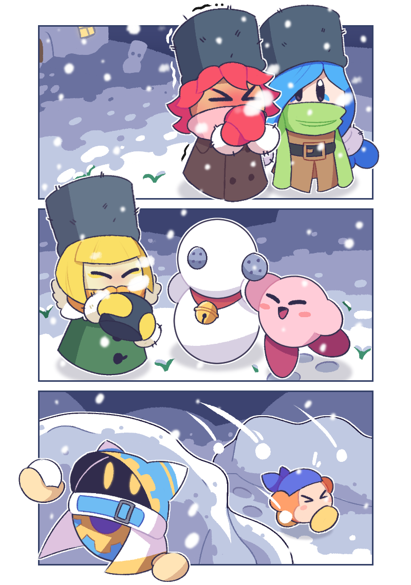 >_<, 3girls, alternate_costume, bandana, bandana_waddle_dee, bell, blonde_hair, blue_bandana
