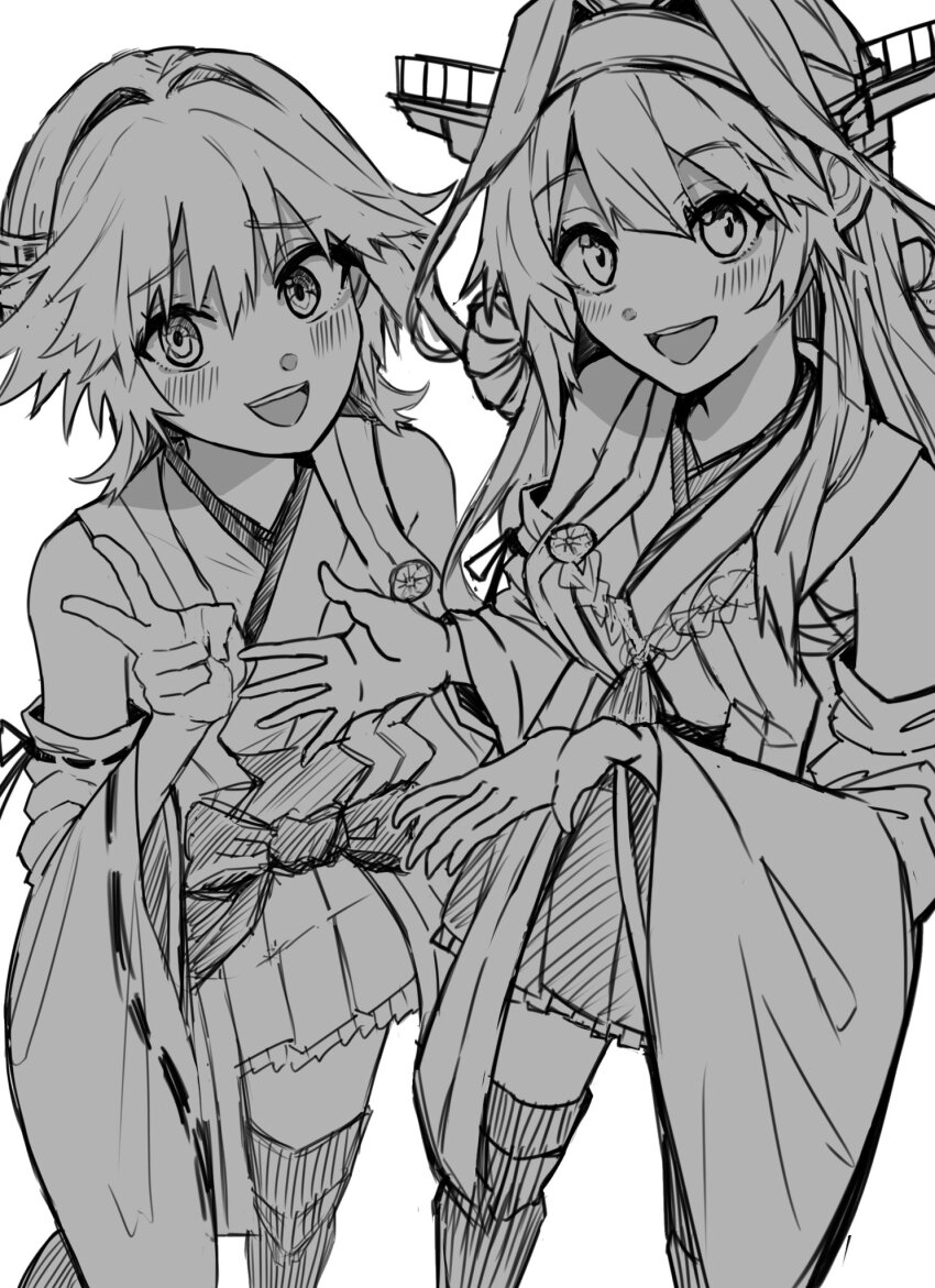 2girls, :d, blush, commentary_request, detached_sleeves, dokuganryuu, greyscale, hand_up