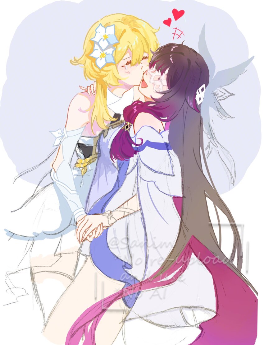 +++, 2girls, :d, artist_name, bare_shoulders, blonde_hair, brown_hair, closed_eyes