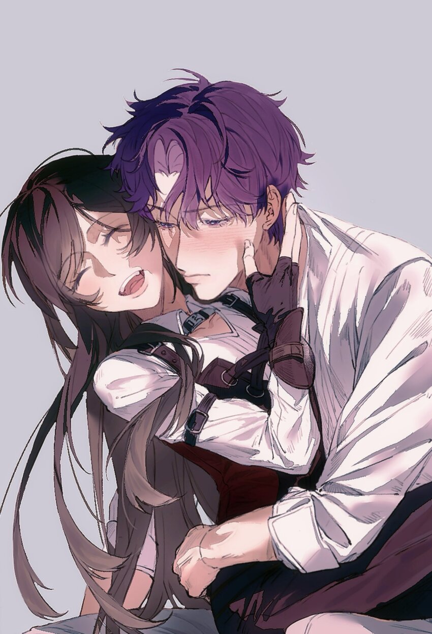 1boy, 1girl, arm_around_another's_waist, black_gloves, black_pants, blush, brown_hair, closed_eyes