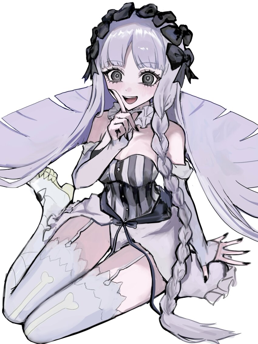 1girl, absurdres, bare_shoulders, black_bow, black_eyes, black_nails, blush, bow