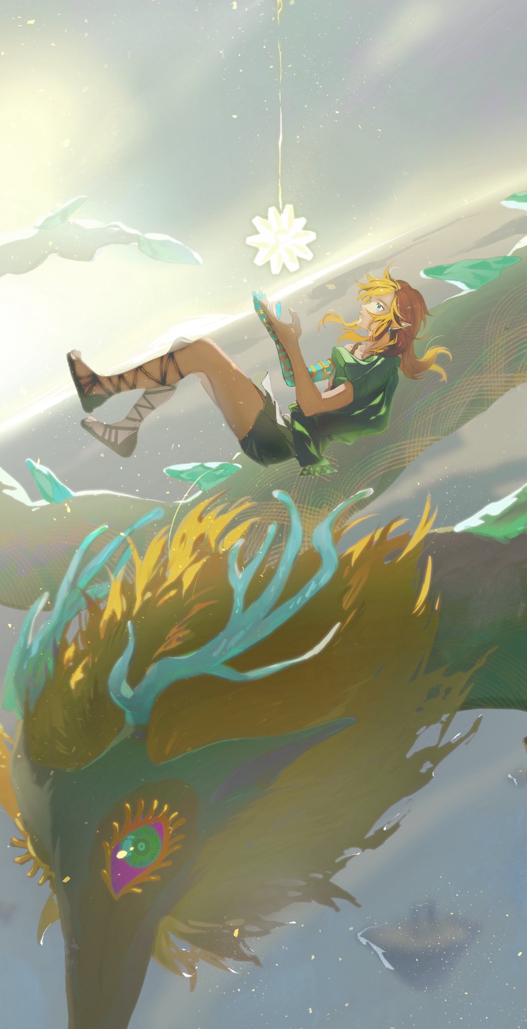 1boy, aqua_eyes, arm_markings, blonde_hair, commentary_request, dragon, earrings, floating