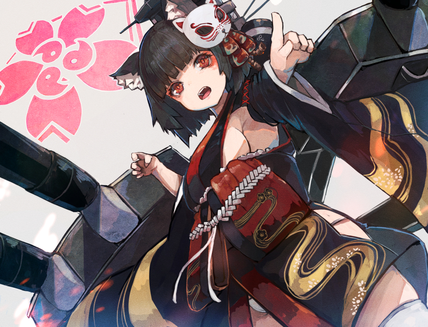 1girl, animal_ear_fluff, animal_ears, azur_lane, black_hair, black_kimono, black_sash, bob_cut